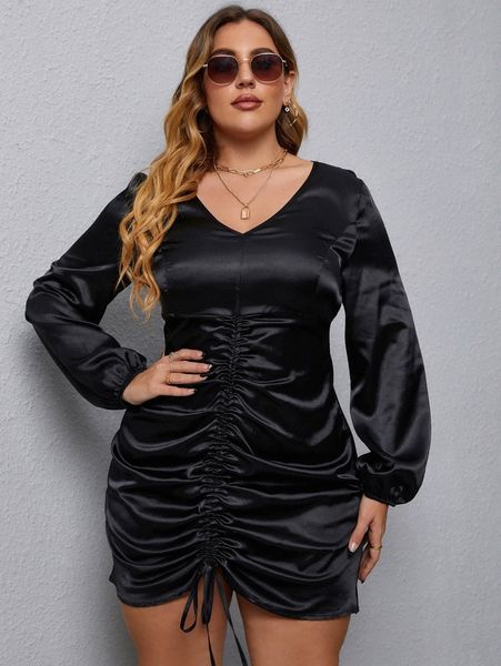 plus drawstring front bodycon dress 44dh#, Black