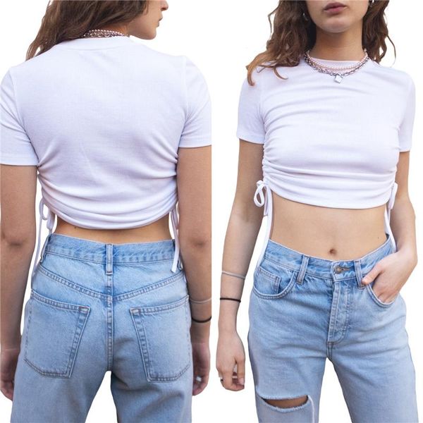 women fashion short sleeve drawstring t-shirt stylish round neck solid color crop women's, White
women fashion short sleeve drawstring t-shirt stylish round neck solid color crop women's, White