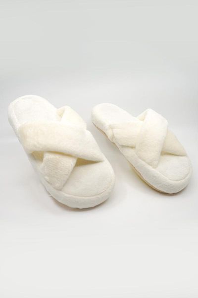 women's white shaggy home slipper slippers, Black