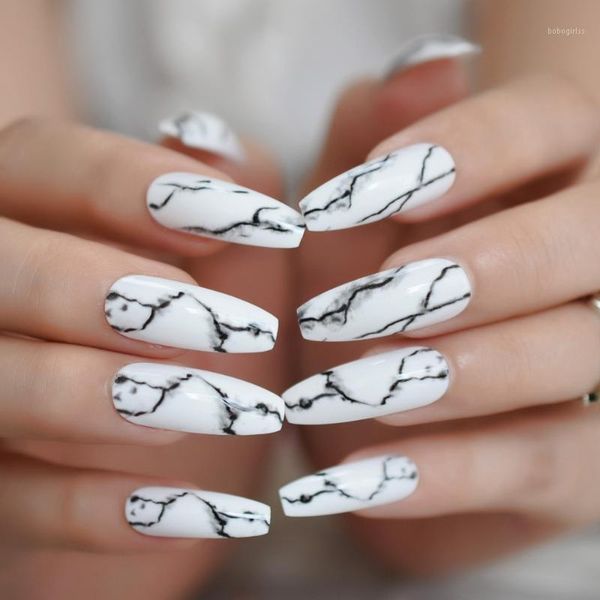 handmade marble nails white long salon coffin black stone seam shine fake ballerina shape with glue stickers1, Red;gold