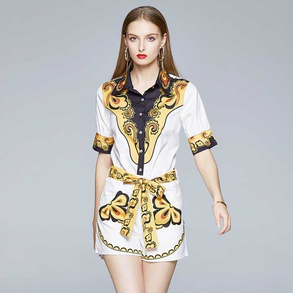 summer runway designer flower printed two-piece set women short sleeve shirt + belt shorts suits 210531, White
summer runway designer flower printed two-piece set women short sleeve shirt + belt shorts suits 210531, White