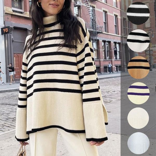 women's sweaters beige black striped turtleneck knitted slit sweater autumn outer wear winter inner fashion blouse, White;black
women's sweaters beige black striped turtleneck knitted slit sweater autumn outer wear winter inner fashion blouse, White;black