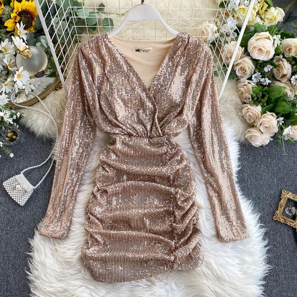 pleated shine women dresses autumn long-sleeved v-neck solid bud mini lady elegant pulls casual, Black;gray
pleated shine women dresses autumn long-sleeved v-neck solid bud mini lady elegant pulls casual, Black;gray