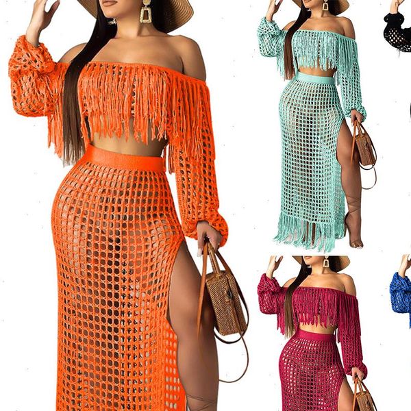 2 piece women tracksuits set summer crochet dress beach wear crop ladies long sleeve tassels, Gray
2 piece women tracksuits set summer crochet dress beach wear crop ladies long sleeve tassels, Gray