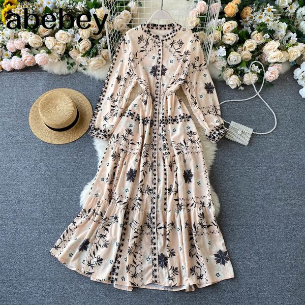 fall women long dress pleated printed floral sleeves urban ladies single breasted 210512, Black;gray 
fall women long dress pleated printed floral sleeves urban ladies single breasted 210512, Black;gray