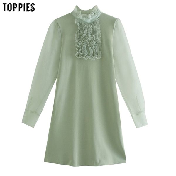 long sleeve spliced mesh yarn dress knitted mini cute ruffles blouses see through 210421, Black;gray
long sleeve spliced mesh yarn dress knitted mini cute ruffles blouses see through 210421, Black;gray