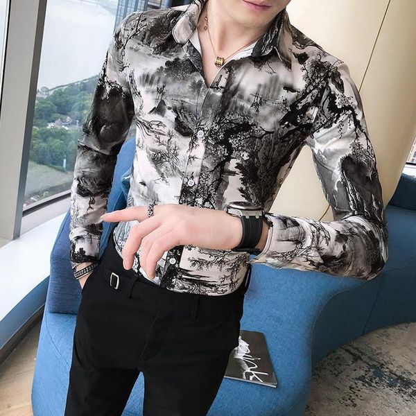 men's casual shirts 2021 men korean slim fit brand long sleeve print male clothing mens night club/party shirt o213, White;black
men's casual shirts 2021 men korean slim fit brand long sleeve print male clothing mens night club/party shirt o213, White;black