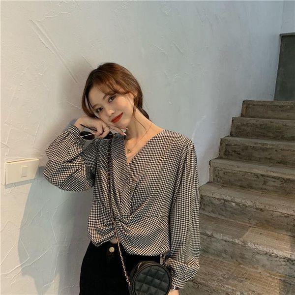 women's blouses & shirts blouse women shirt fall v-neck irregular plaid puff sleeve long for blusas mujer de moda, White
women's blouses & shirts blouse women shirt fall v-neck irregular plaid puff sleeve long for blusas mujer de moda, White