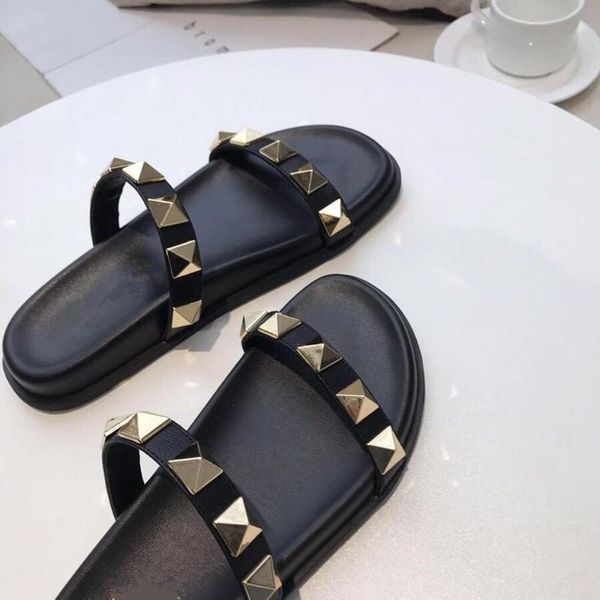 slippers rivets decor leather women cool summer slides shoes woman, Black