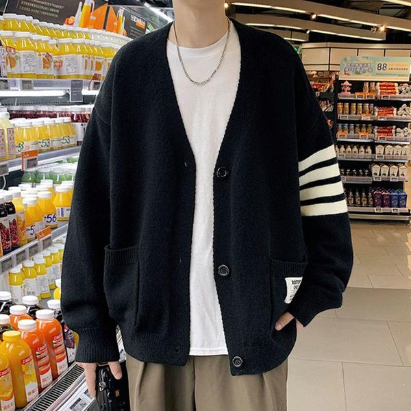 men's sweaters cardigan sweater men autumn and winter thicken loose casual korean fashion all-match striped knitted cardigans, White;black
men's sweaters cardigan sweater men autumn and winter thicken loose casual korean fashion all-match striped knitted cardigans, White;black