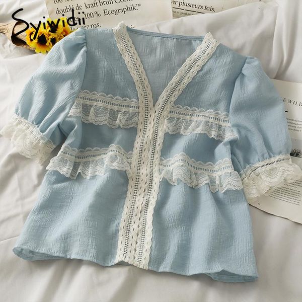 women's blouses & shirts syiwidii vintage women summer 2021 fashion short puff sleeve lace spliced v neck loose thin shirt blue white a
women's blouses & shirts syiwidii vintage women summer 2021 fashion short puff sleeve lace spliced v neck loose thin shirt blue white a