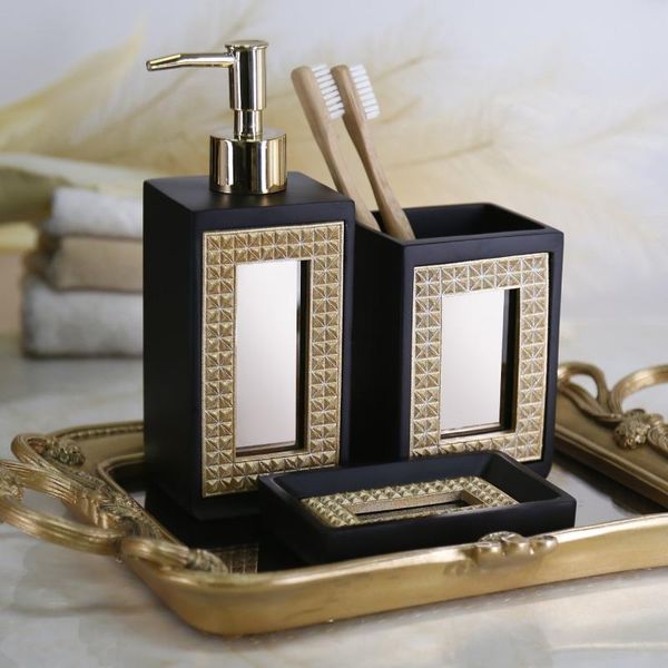 bath accessory set portofino bathroom decor of 3 black gold color with liquid soap dispenser, toothbrush holder, dispenser
bath accessory set portofino bathroom decor of 3 black gold color with liquid soap dispenser, toothbrush holder, dispenser