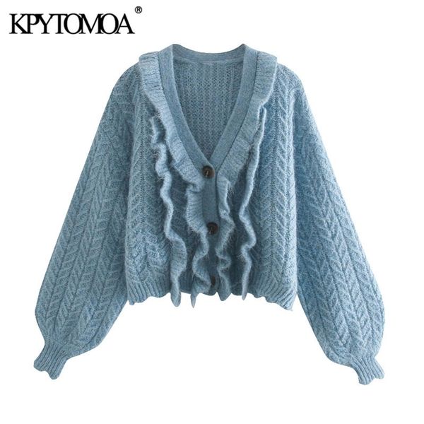 women fashion loose ruffled knitted cardigan sweater v neck lantern sleeve female outerwear chic 210420, White;black
women fashion loose ruffled knitted cardigan sweater v neck lantern sleeve female outerwear chic 210420, White;black