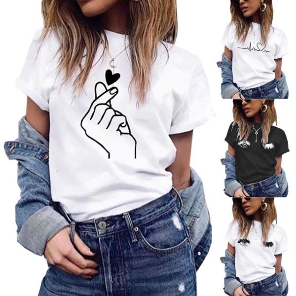 women's t-shirt summer european and american bixin printing ecg eyes round neck short sleeve, White
women's t-shirt summer european and american bixin printing ecg eyes round neck short sleeve, White