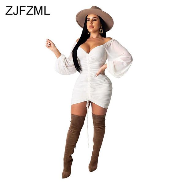 casual dresses off shoulder package hip dress women sheer mesh lantern sleeve drawstring skinny mini backless pleated party, Black;gray