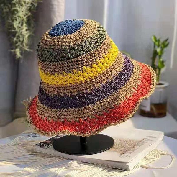wide brim hats summer for women bohemian straw sun hat female striped big foldable sunhat beach holiday seaside travel, Blue;gray