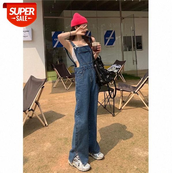 women's korean style loose high waist slimming straight split denim bib wide leg #ap5n, Black;gray