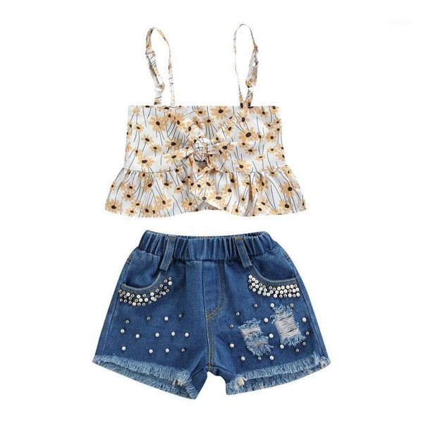 2-7y summer fashion girls clothes sets 2pcs strap bowknot flowers printed vest pearl denim shorts clothing, White
2-7y summer fashion girls clothes sets 2pcs strap bowknot flowers printed vest pearl denim shorts clothing, White