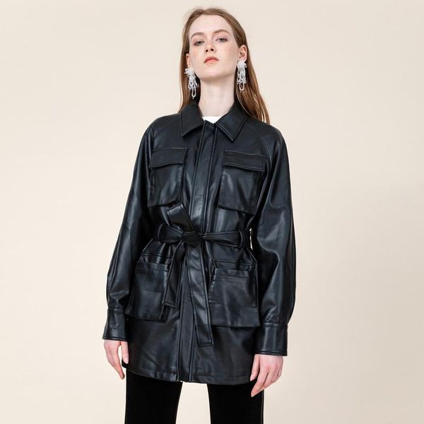 women's leather & faux plus size long jacket women vintage slim motor biker coats elegant tie belt waist pockets buttons, Black
women's leather & faux plus size long jacket women vintage slim motor biker coats elegant tie belt waist pockets buttons, Black
