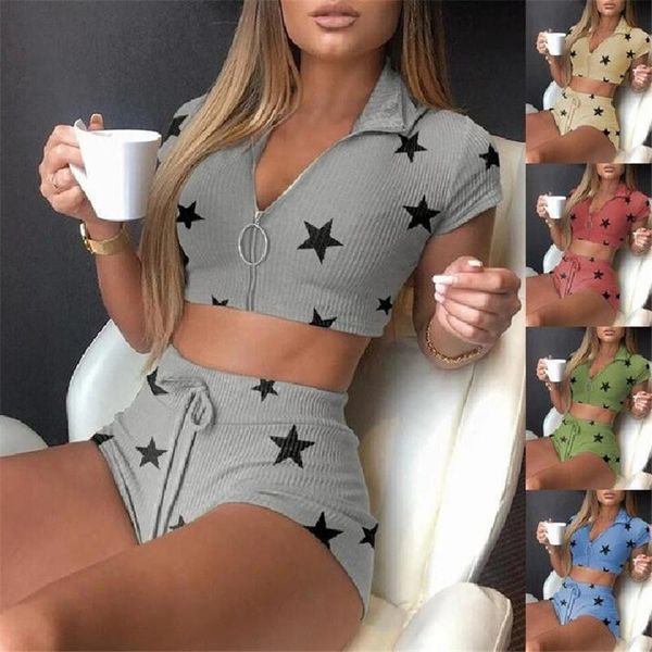 2pcs star print outfit summer womens tracksuits short sleeve zipper lapel crop drawstring shorts set knitwear cardigan suits, Gray
2pcs star print outfit summer womens tracksuits short sleeve zipper lapel crop drawstring shorts set knitwear cardigan suits, Gray