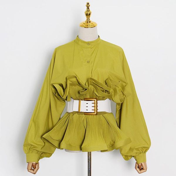 women's blouses & shirts women ruffles vintage blouse long lantern sleeve high waist sashes pleated, White
women's blouses & shirts women ruffles vintage blouse long lantern sleeve high waist sashes pleated, White