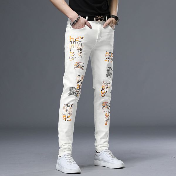 white jeans pants mens fashion brand personality stamping printing slim youth trend casual feet, Blue
white jeans pants mens fashion brand personality stamping printing slim youth trend casual feet, Blue