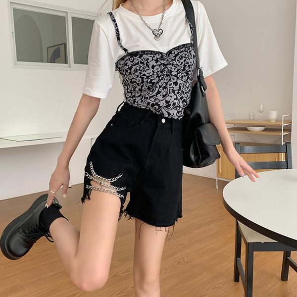 women's shorts fmfssom 2021 summer women chains retro blue denim streetwear high waist loose asymmetrical tassel ladies jeans, White;black
women's shorts fmfssom 2021 summer women chains retro blue denim streetwear high waist loose asymmetrical tassel ladies jeans, White;black