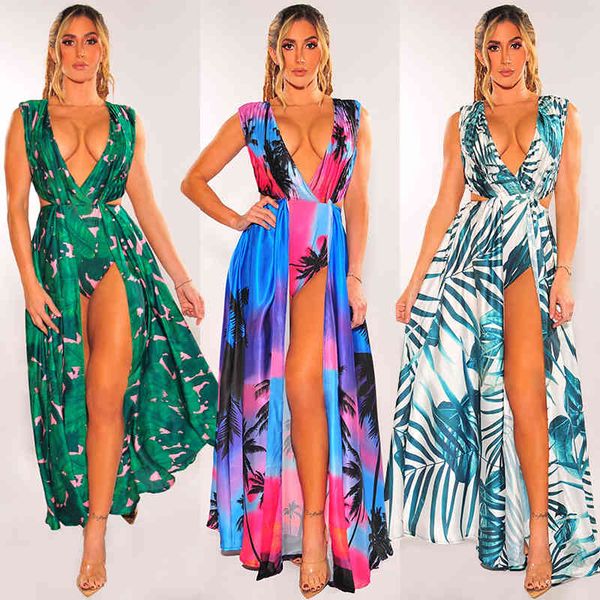 2021 new women's fashion sleeveless split v-neck printed swimsuit dress, Black;gray 
2021 new women's fashion sleeveless split v-neck printed swimsuit dress, Black;gray