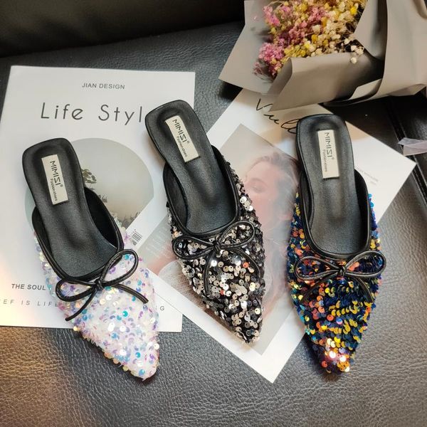 slippers elegant women pointed toe bow design sequined cloth slip on flats shoes bling summer sandals slides mules size 39, Black
slippers elegant women pointed toe bow design sequined cloth slip on flats shoes bling summer sandals slides mules size 39, Black