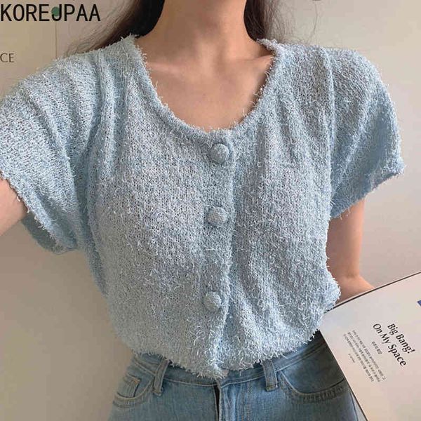 women t-shirt summer simple gentle candy color round neck buckle all-match plush short-sleeved loose knit sweater 210514, White
women t-shirt summer simple gentle candy color round neck buckle all-match plush short-sleeved loose knit sweater 210514, White