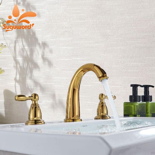 bathroom sink faucets suguword luxury basin faucet dual handle three holes 2021 est deck mounted and cold water golden/ orb/brushed/chrome 
bathroom sink faucets suguword luxury basin faucet dual handle three holes 2021 est deck mounted and cold water golden/ orb/brushed/chrome