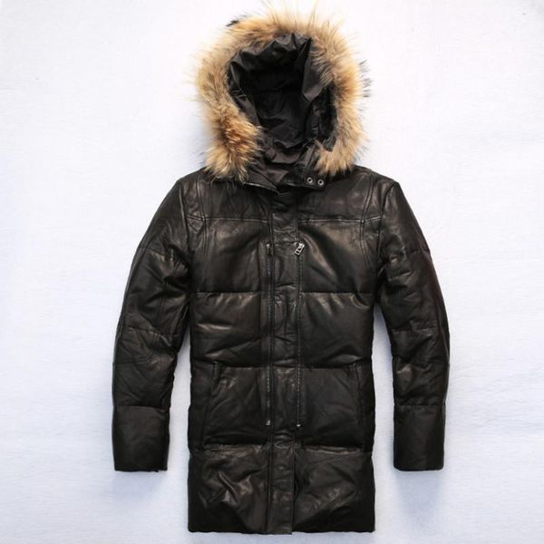 men's leather & faux real reccoon fur hooded white duck jacket slim fit down for male sheepskin winter coat men, Black
men's leather & faux real reccoon fur hooded white duck jacket slim fit down for male sheepskin winter coat men, Black