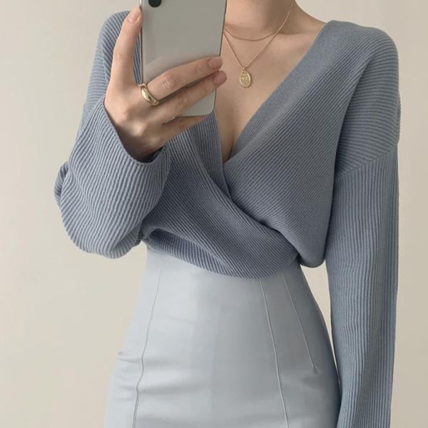 women's sweaters pullover autumn 2021 all-match blue v-neck open crotch long-sleeved sweater knit korean fashion, White;black
women's sweaters pullover autumn 2021 all-match blue v-neck open crotch long-sleeved sweater knit korean fashion, White;black