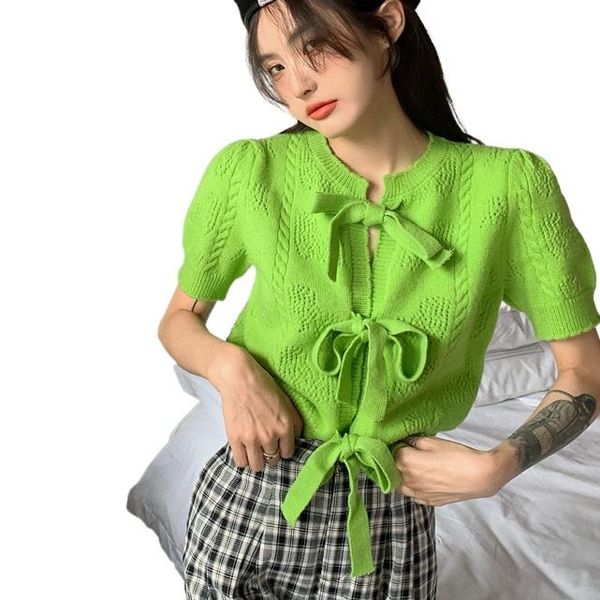 women's knits & tees lace up bow knot green sweaters women summer short sleeve knitted cardigan cute, White
women's knits & tees lace up bow knot green sweaters women summer short sleeve knitted cardigan cute, White