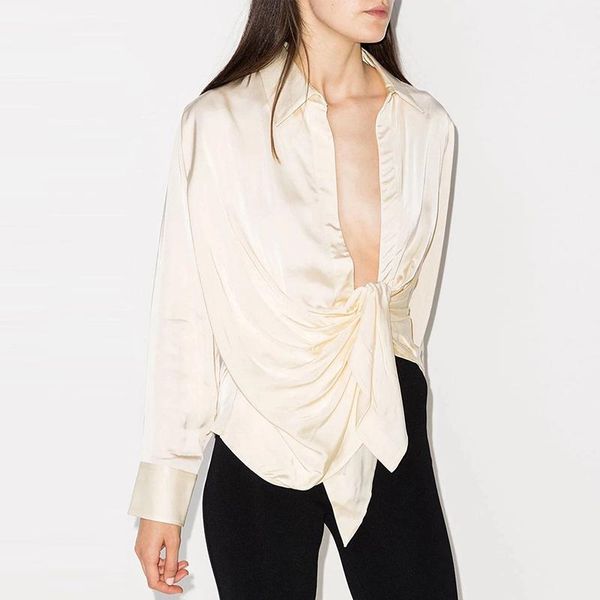 women's blouses & shirts women satin elegant long sleeve asymmetrical folds lace up blouse, White
women's blouses & shirts women satin elegant long sleeve asymmetrical folds lace up blouse, White
