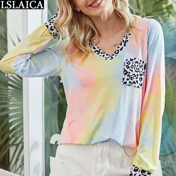 t shirt women v-neck long sleeve ops leopard colorful patchwork shirts casual loose ie-dye 210520, White
t shirt women v-neck long sleeve ops leopard colorful patchwork shirts casual loose ie-dye 210520, White