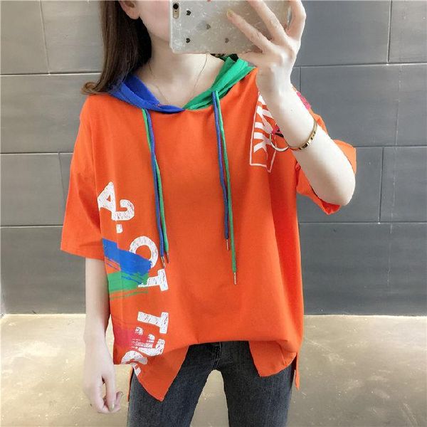 hooded short sleeve t-shirt women's spring and summer loose color matching graffiti half jacket women, White
hooded short sleeve t-shirt women's spring and summer loose color matching graffiti half jacket women, White