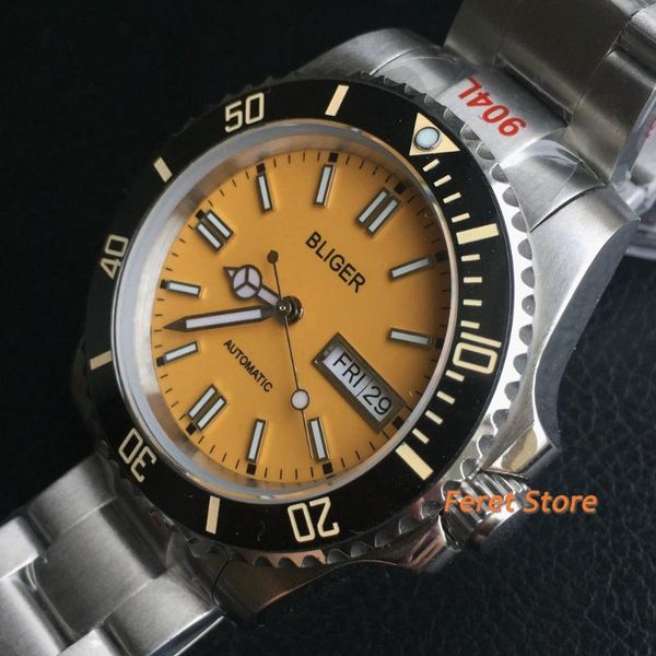 wristwatches 40mm japan nh36a yellow watch luminous dial sapphire crystal date week ceramics bezel stainless strap man, Slivery;brown
wristwatches 40mm japan nh36a yellow watch luminous dial sapphire crystal date week ceramics bezel stainless strap man, Slivery;brown