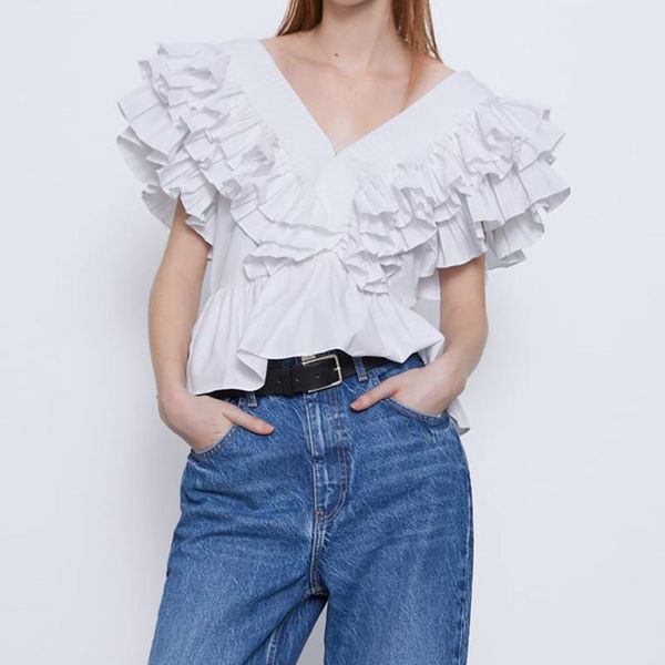women's blouses & shirts 2021 white shirt women sleeveless v neck back button pleated ruffle female elegant voluminous poplin blouse s
women's blouses & shirts 2021 white shirt women sleeveless v neck back button pleated ruffle female elegant voluminous poplin blouse s