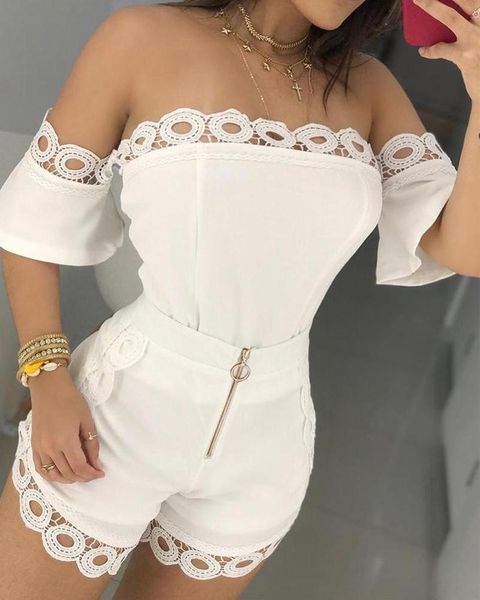 women's jumpsuits & rompers 2021 summer women off shoulder hollow out lace casual short sleeve jumpsuit solid slash neck playsuit, Black;white
women's jumpsuits & rompers 2021 summer women off shoulder hollow out lace casual short sleeve jumpsuit solid slash neck playsuit, Black;white