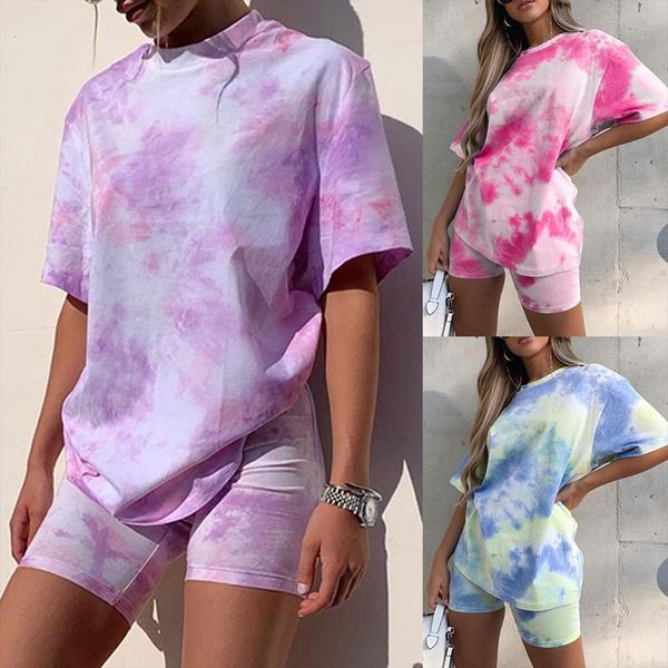 tie dye print gradient set women tracksuits short sleeve o neck tee shorts two piece sporty tracksuit elastic outfits, Gray 
tie dye print gradient set women tracksuits short sleeve o neck tee shorts two piece sporty tracksuit elastic outfits, Gray