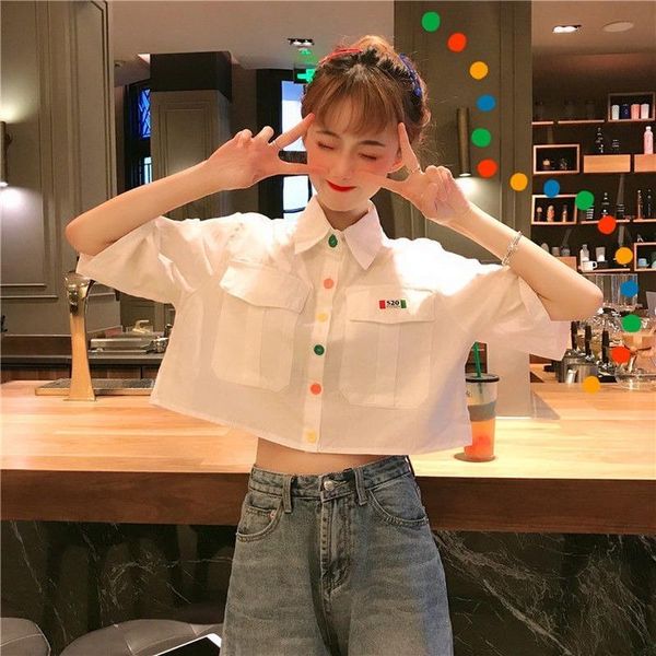 women's blouses & shirts 2021 summer women vintage solid short sleeve turn-down collar holiday korean streetwear chic female shirt y57, White
women's blouses & shirts 2021 summer women vintage solid short sleeve turn-down collar holiday korean streetwear chic female shirt y57, White