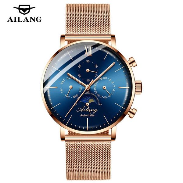 ailang rose gold steel mesh belt men automatic mechanical watches brand luxury military sports man moon phase clock 2021, Slivery;brown
ailang rose gold steel mesh belt men automatic mechanical watches brand luxury military sports man moon phase clock 2021, Slivery;brown