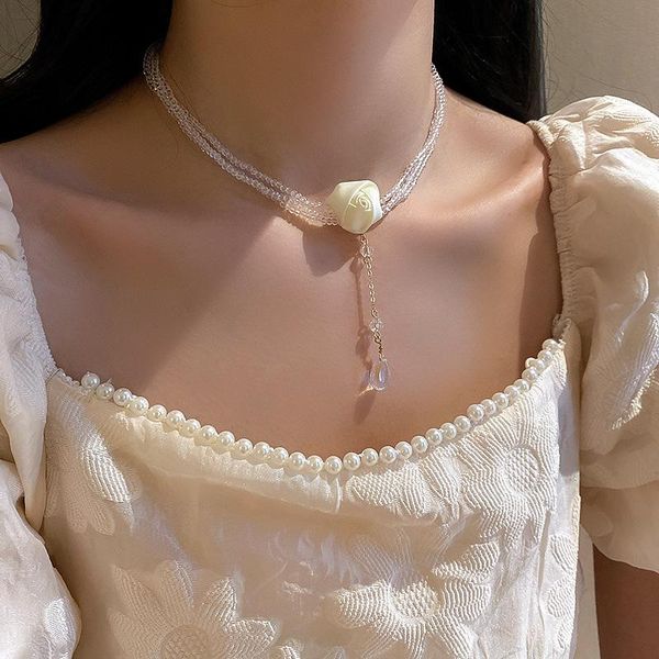 pendant necklaces sweet white rose flower choker for women crystal beads chain long weddings jewelry, Silver
pendant necklaces sweet white rose flower choker for women crystal beads chain long weddings jewelry, Silver