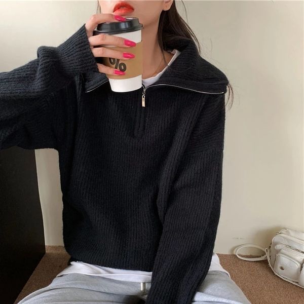 women's sweaters female autumn jersey 2021 female loose collar with long sleeve pullover's zipper, White;black
women's sweaters female autumn jersey 2021 female loose collar with long sleeve pullover's zipper, White;black