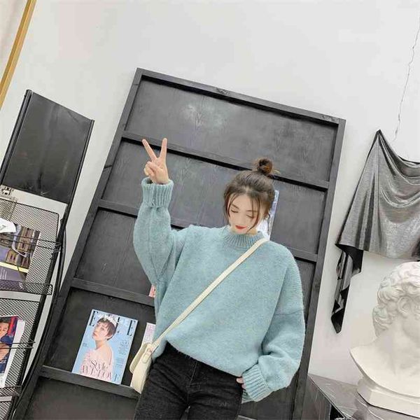 19 women's korean version of the half-high collar long sleeve loose lazy solid pullover sweater thick 210427, White;black
19 women's korean version of the half-high collar long sleeve loose lazy solid pullover sweater thick 210427, White;black