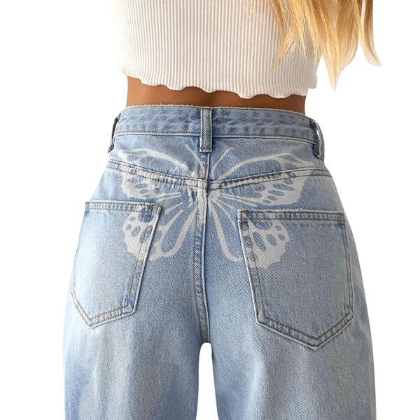 wide leg pants butterfly printed women jeans straight high waist pockets fabric streetwear trousers, Blue
wide leg pants butterfly printed women jeans straight high waist pockets fabric streetwear trousers, Blue