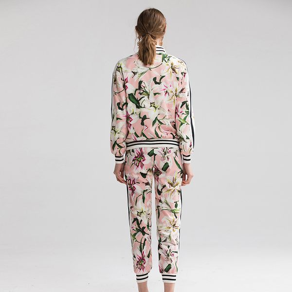 pants seqinyy pink set 2021 autumn fashion women's jacket + elastic waist midi romantic pants lily tender flowers printed suit, White 
pants seqinyy pink set 2021 autumn fashion women's jacket + elastic waist midi romantic pants lily tender flowers printed suit, White