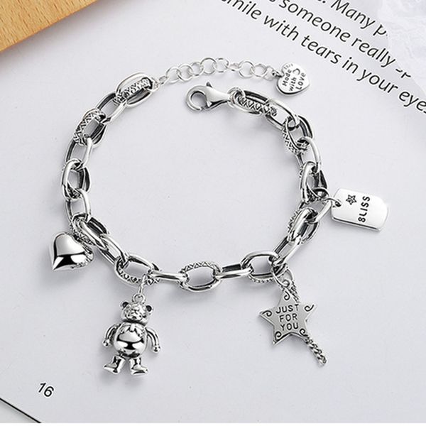 cute real 925 silver bracelet by antique finish with heart star bear shield pendant charms chain fine jewelry, Golden;silver
cute real 925 silver bracelet by antique finish with heart star bear shield pendant charms chain fine jewelry, Golden;silver