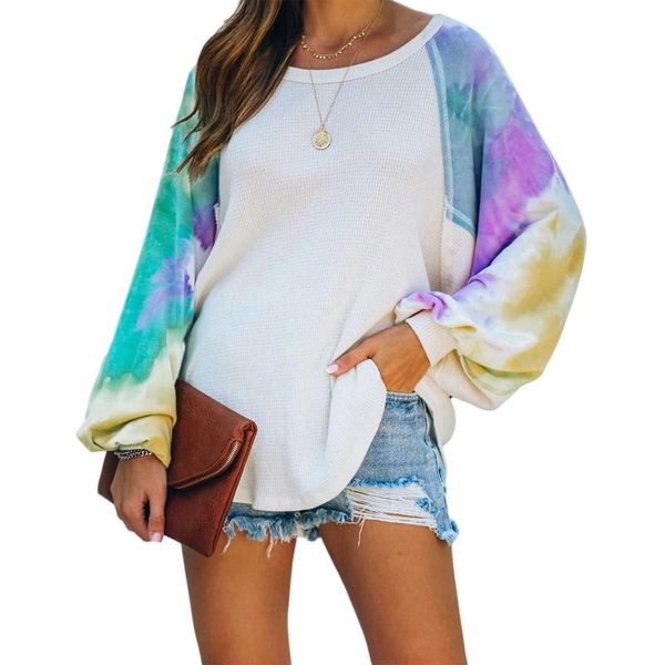 women's t-shirt summer shirt, long-sleeved loose elastic casual party round neck dye printed clothes, White
women's t-shirt summer shirt, long-sleeved loose elastic casual party round neck dye printed clothes, White